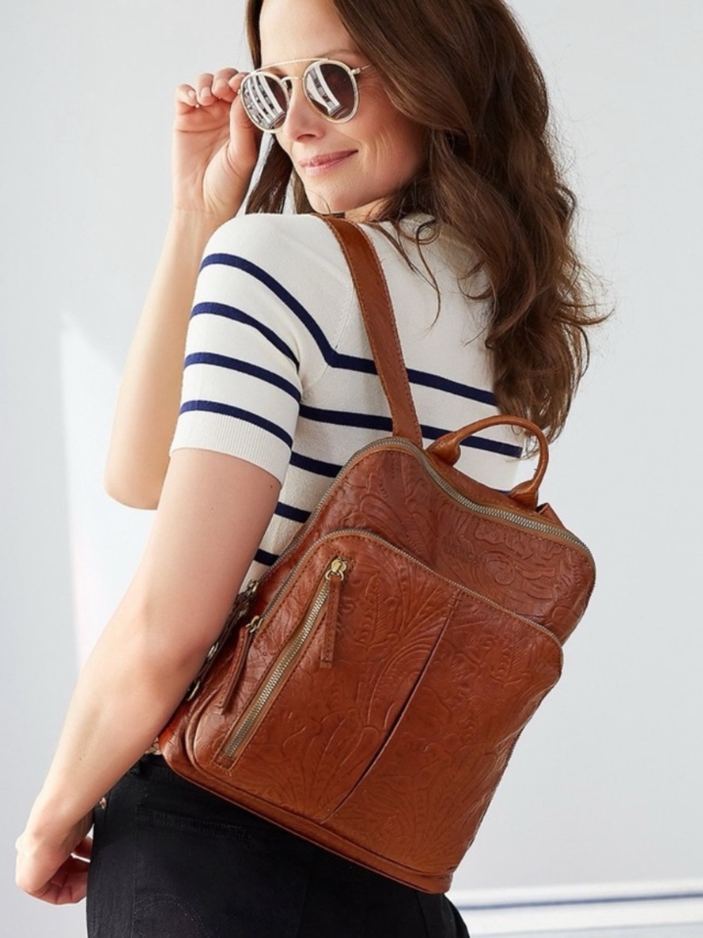 American Leather Co. Cleveland Backpack Purse Brown Tooled Classic Floral